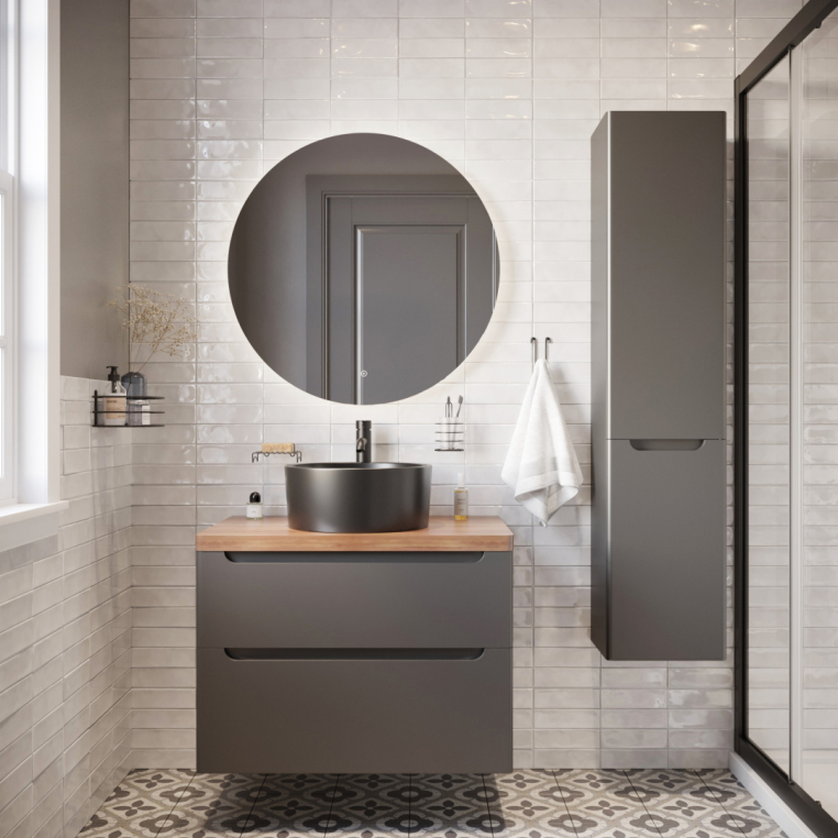 Мебель для ванной Stworki Берген 80 серая с темной столешницей, раковина BOCCHI Vessel черная
