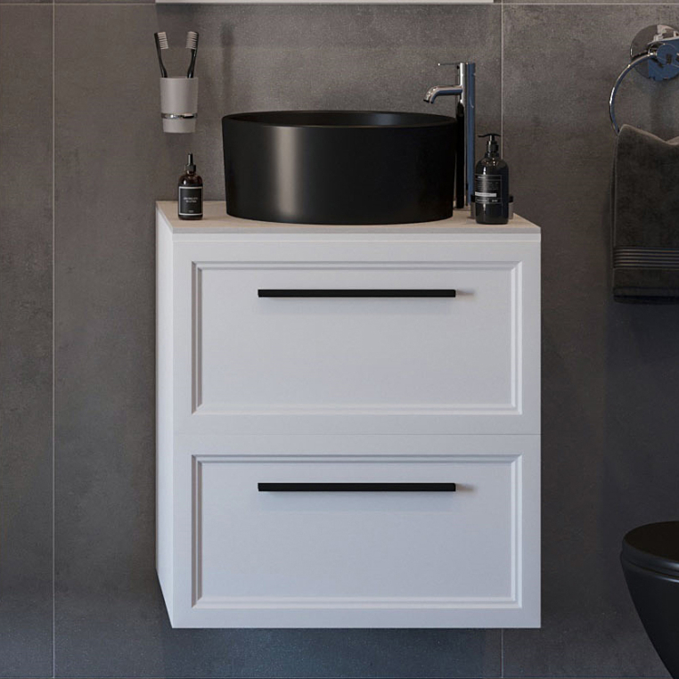 Тумба с раковиной Stworki Эстерсунд 60 белая матовая, простоун беж, BOCCHI Vessel черная