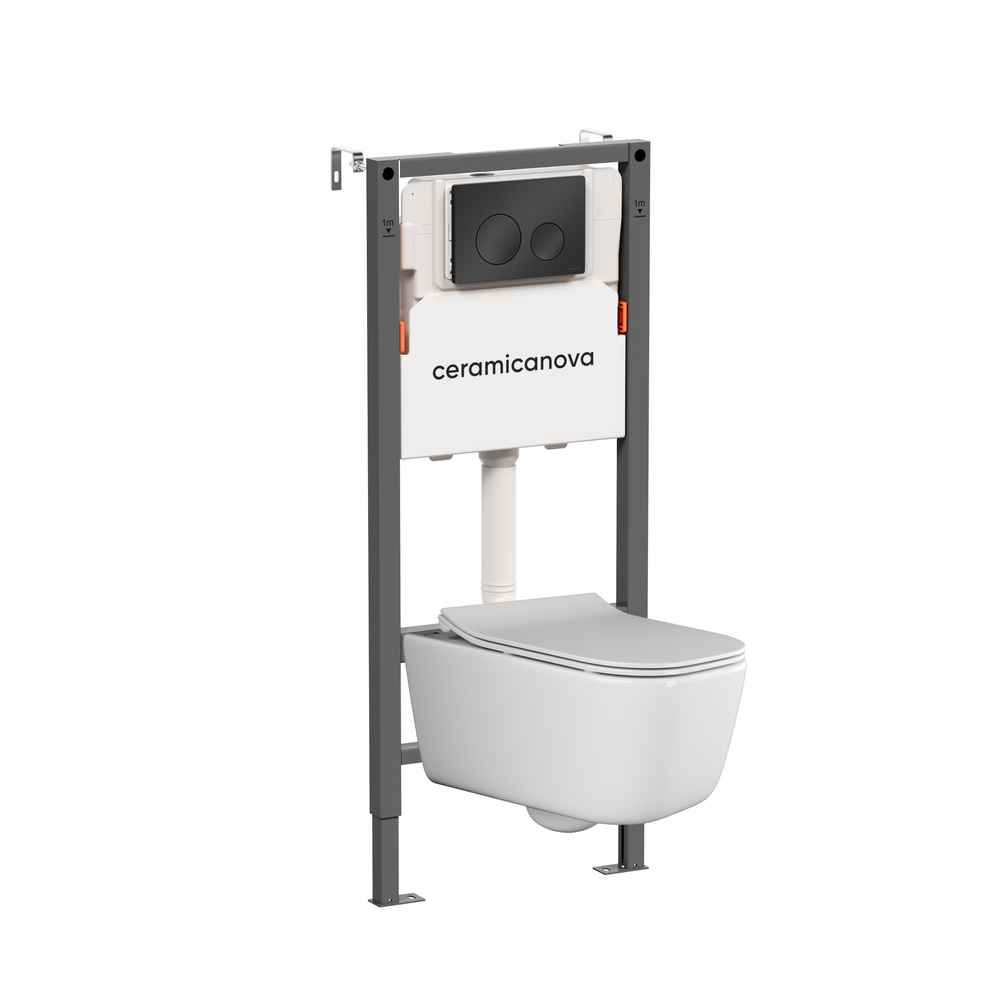 Комплект Подвесной унитаз NEW DAY Rimless + Система инсталляции Balance кнопка Circle, черный матовый