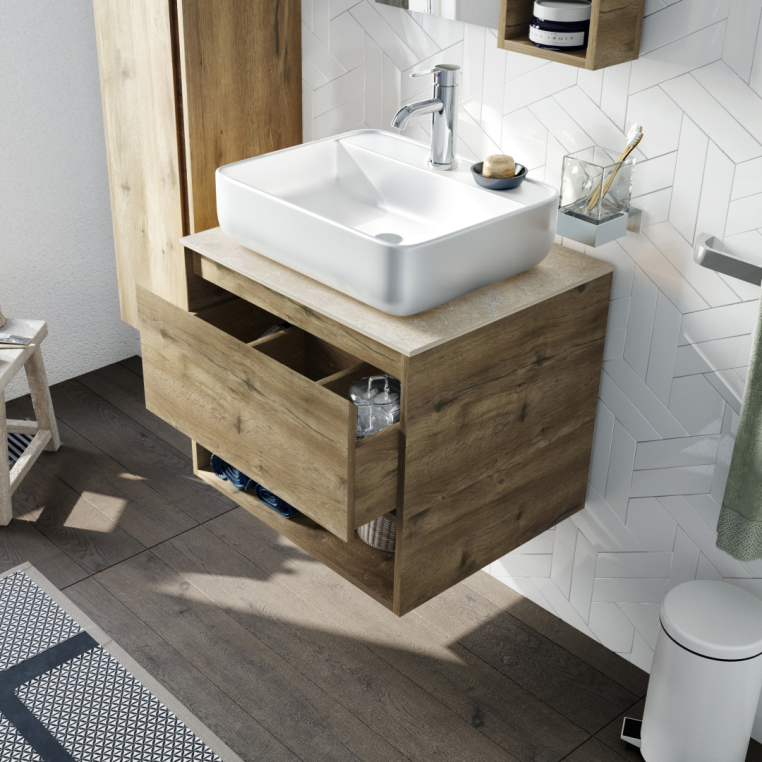 Мебель для ванной Stworki Карлстад 60 дуб рустикальный, простоун беж, в стиле лофт, под дерево, подвесная, российская