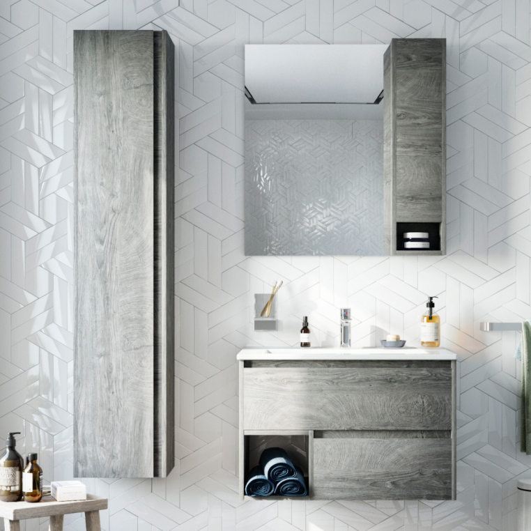 Мебель для ванной Stworki Карлстад 75 дуб рошелье, в стиле лофт, под дерево, серая