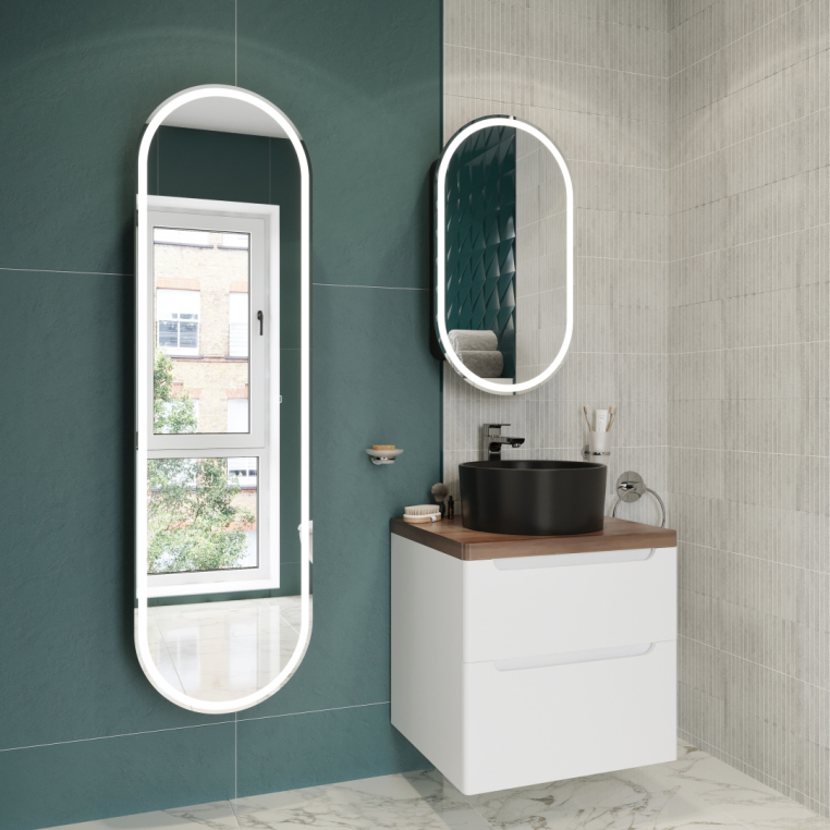 Мебель для ванной Stworki Берген 60 белая с темной столешницей, раковина BOCCHI Vessel 1174-004-0125 черная матовая