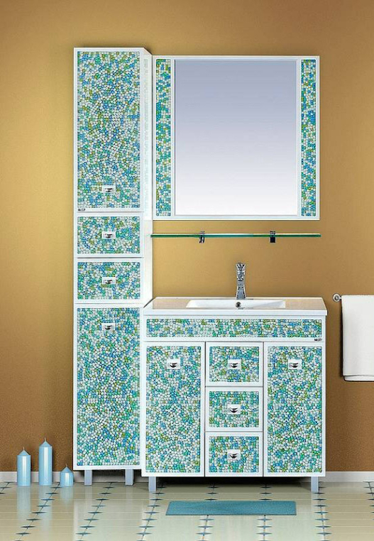 Зеркало с полкой Misty Жемчужина П-Жем03075-328 бело-голубая мозаика