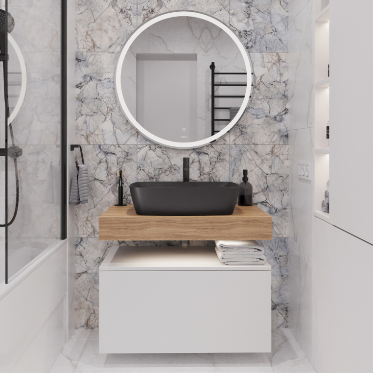 Мебель для ванной Stworki Ольборг 80 столешница дуб французский, без отверстий, с тумбой 80, с раковиной Vitra Shift черной