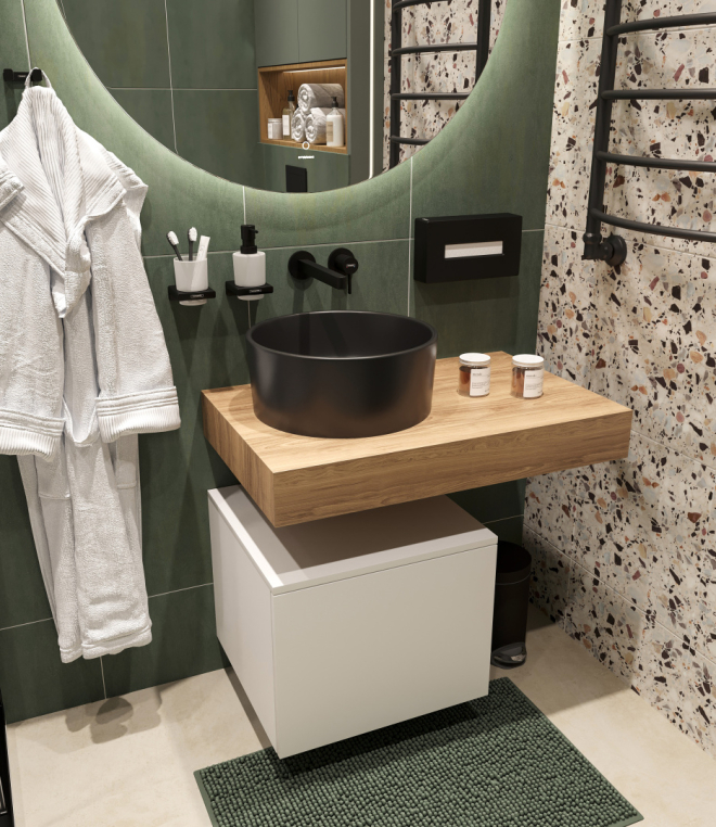 Столешница Stworki Ольборг 80 дуб французский, без отверстий, с тумбой 50, с раковиной BOCCHI Vessel черной