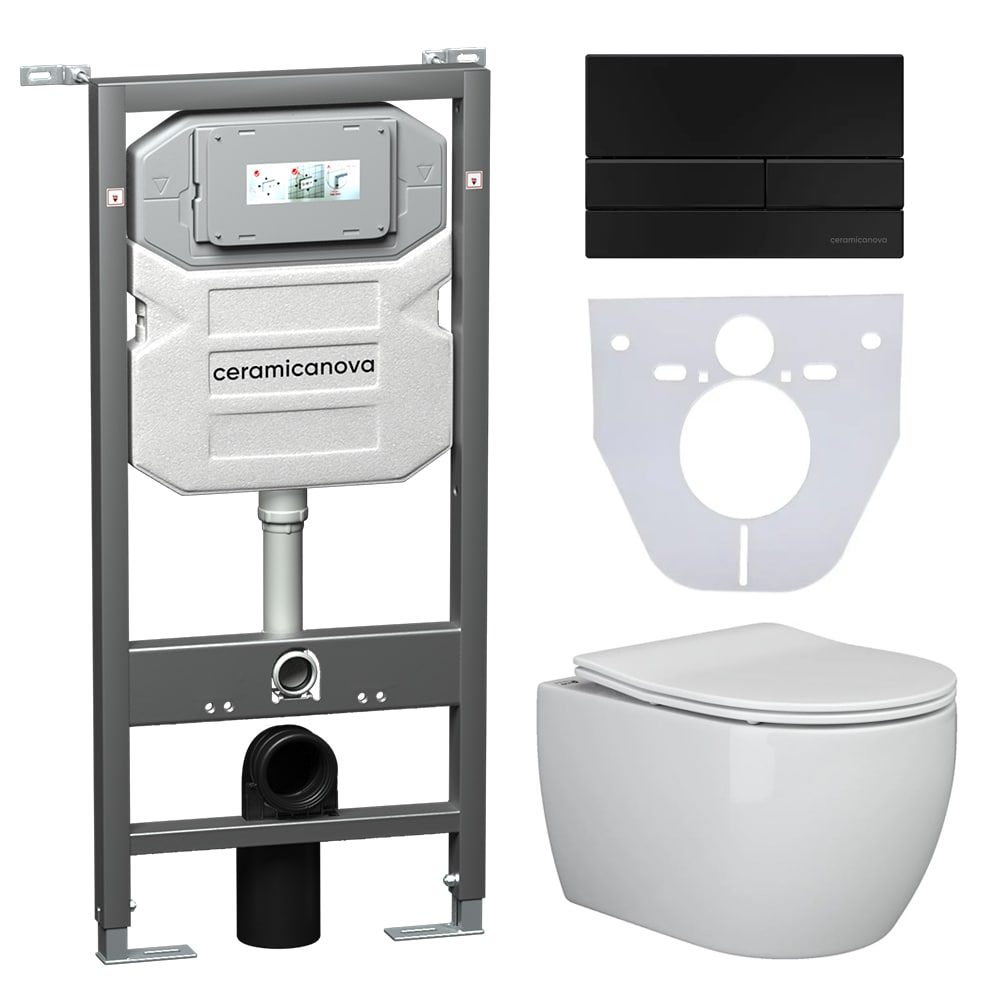Сет 4 в 1 Инсталляция с кнопкой+унитаз+шумоизоляция CERAMICANOVA Подвесной унитаз PLAY+Шумоизоляционная панель+Система инсталляции с кнопкой Flat цвет чёрн.матовый