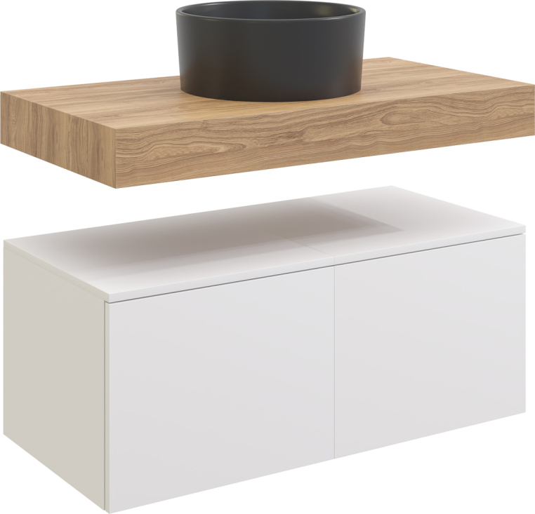 Столешница Stworki Ольборг 100 дуб французский, без отверстий,  2 тумбы 50, с раковиной BOCCHI Vessel черной