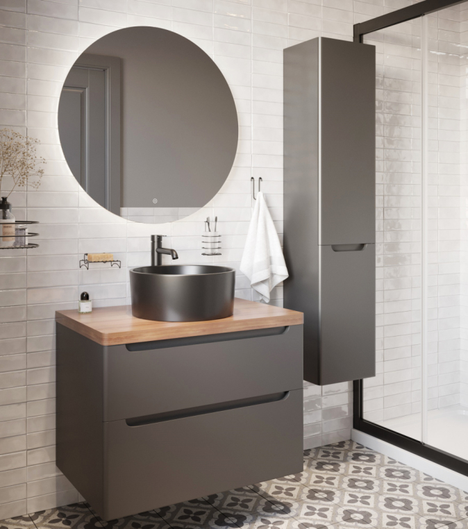Мебель для ванной Stworki Берген 80 серая с темной столешницей, раковина BOCCHI Vessel черная