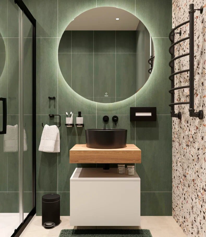 Столешница Stworki Ольборг 60 дуб французский, без отверстий, с тумбой 60, с раковиной BOCCHI Vessel черной