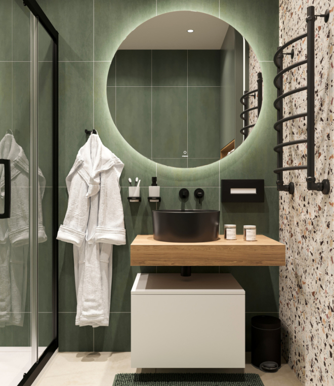 Мебель для ванной Stworki Ольборг 80 столешница дуб французский, без отверстий, с тумбой 50, с раковиной BOCCHI Vessel черной