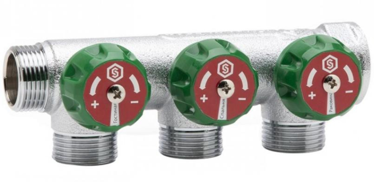 Stout Регулирующий проходной коллектор ВР-НР 1" c 3 отводами 3/4" ЕК (SMB-6850-013403)