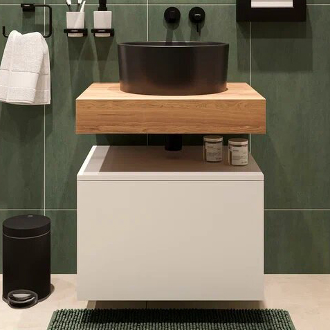 Столешница Stworki Ольборг 60 дуб французский, без отверстий, с тумбой 60, с раковиной BOCCHI Vessel черной