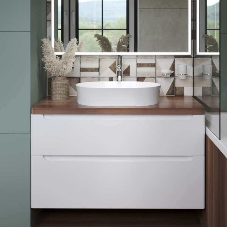 Тумба с раковиной Stworki Берген 100 белая с темной столешницей, раковина Bocchi Sottile 1521-001-0125